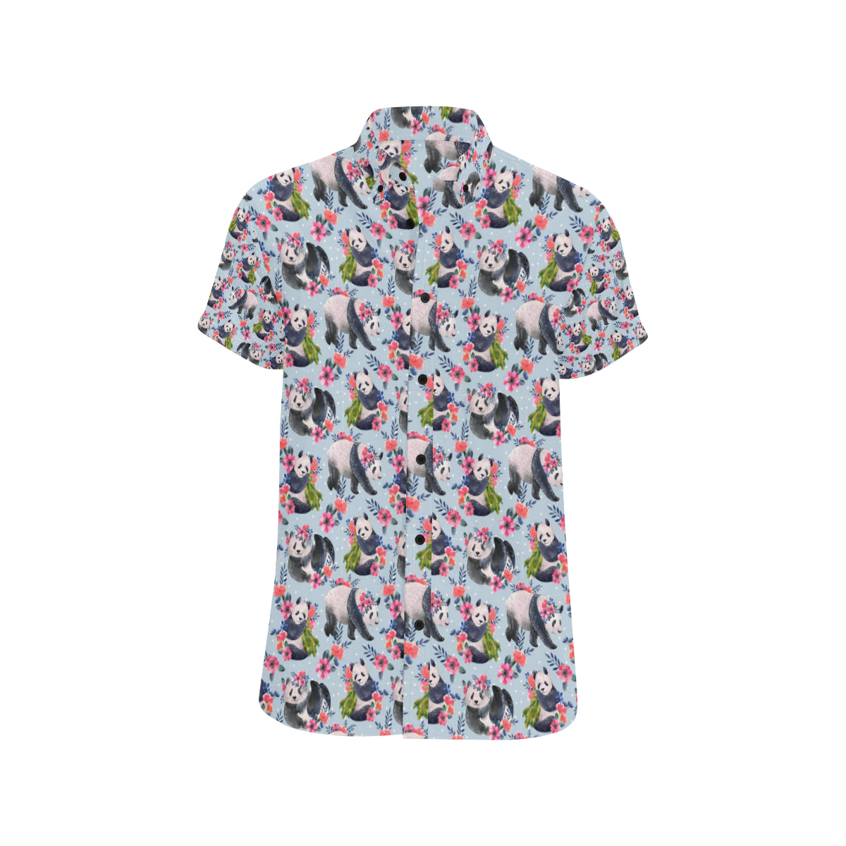 Panda Bear Flower Design Themed Print Men's Short Sleeve Button Up Shirt