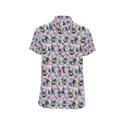 Panda Bear Flower Design Themed Print Men's Short Sleeve Button Up Shirt