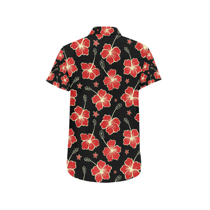 Red Hibiscus Pattern Print Design HB021 Men's Short Sleeve Button Up Shirt