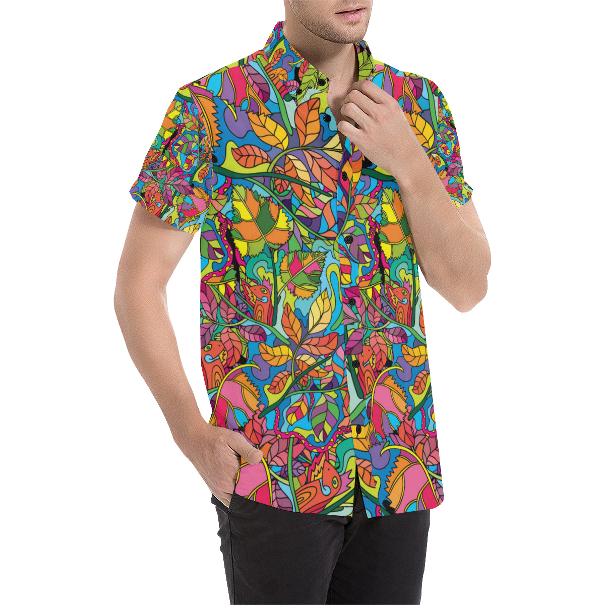 Psychedelic Trippy Flower Print Men's Short Sleeve Button Up Shirt