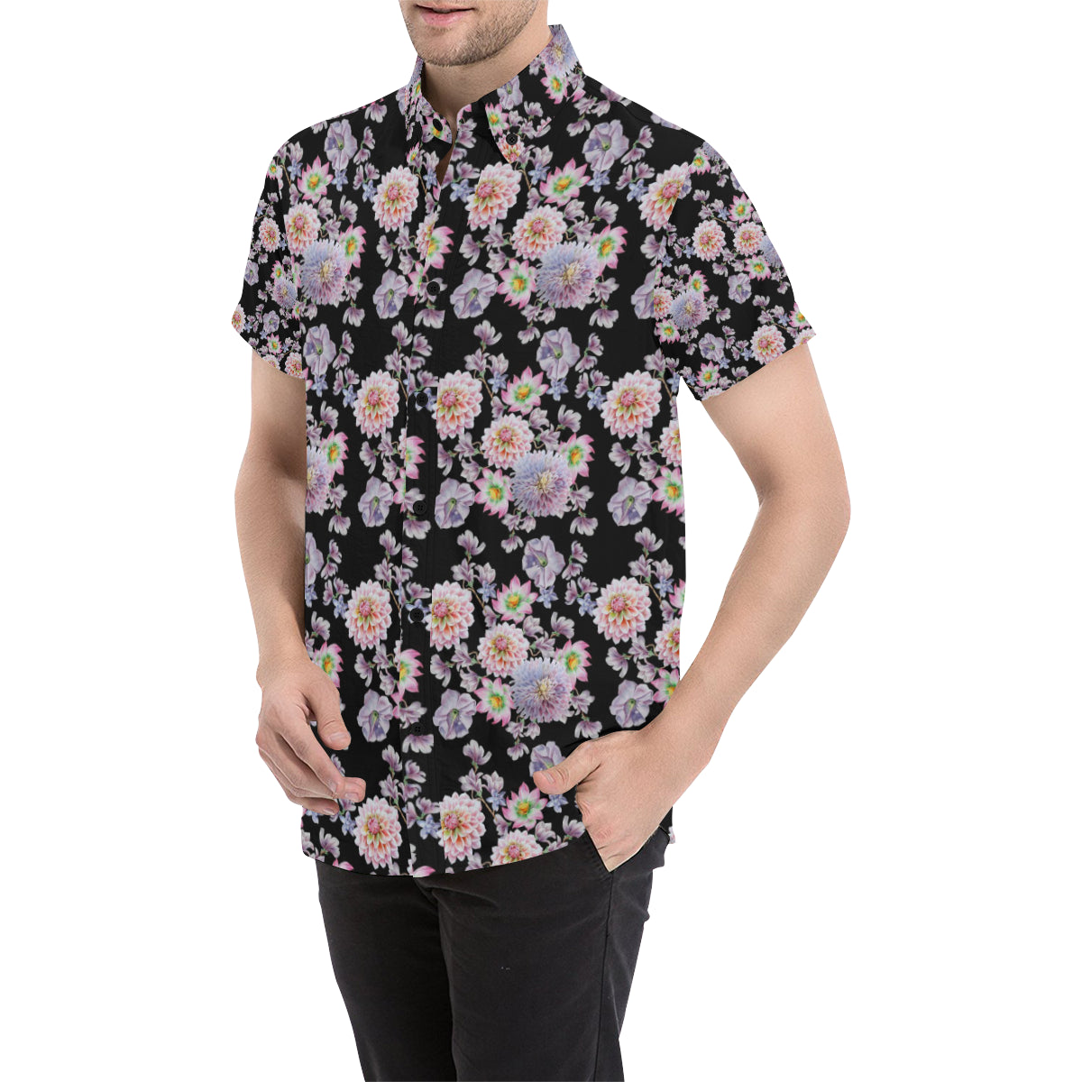 Dahlia Pattern Print Design DH012 Men's Short Sleeve Button Up Shirt