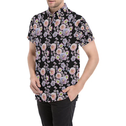 Dahlia Pattern Print Design DH012 Men's Short Sleeve Button Up Shirt