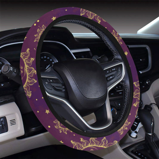 Sun Moon Star Design Themed Print Steering Wheel Cover with Elastic Edge
