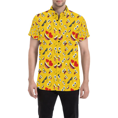 Emoji Face Print Pattern Men's Short Sleeve Button Up Shirt