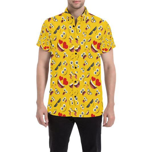 Emoji Face Print Pattern Men's Short Sleeve Button Up Shirt