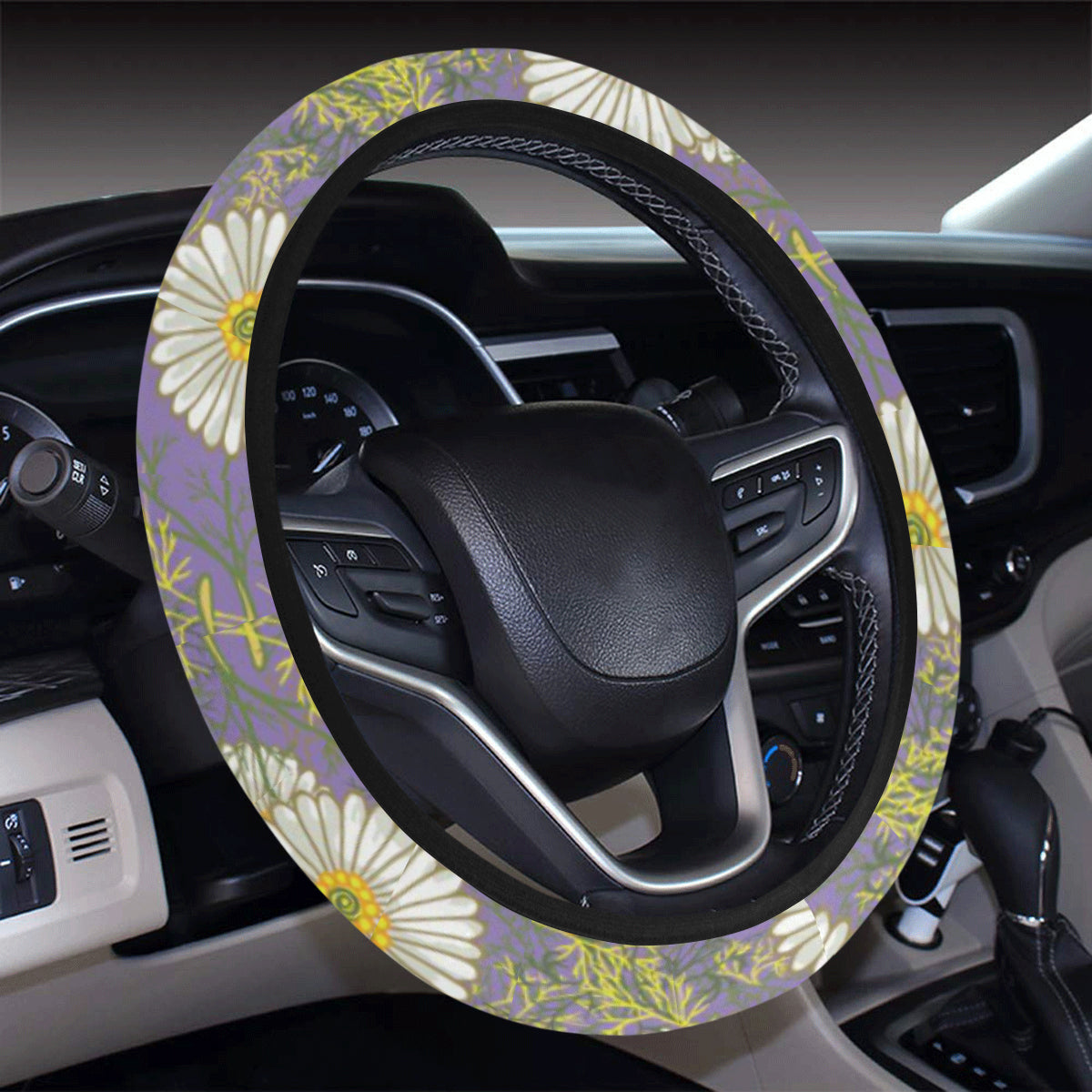 Daisy Pattern Print Design DS011 Steering Wheel Cover with Elastic Edge