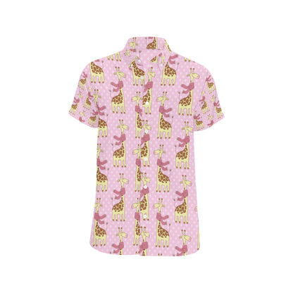 Giraffe Cute Pink Polka Dot Print Men's Short Sleeve Button Up Shirt