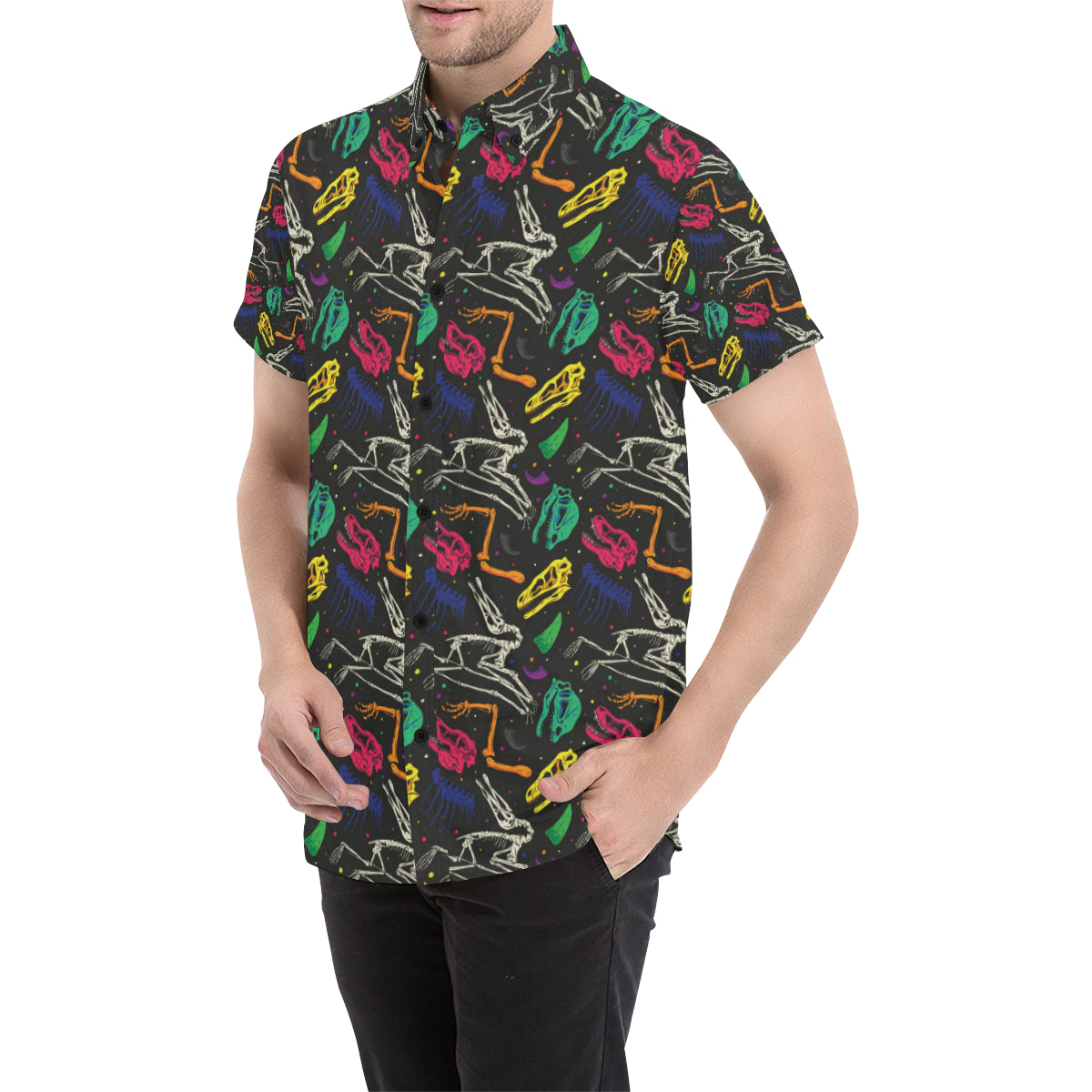 Dinosaur Skull Color Print Pattern Men's Short Sleeve Button Up Shirt