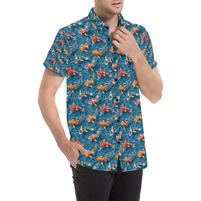 Koi Carp Water Design Themed Print Men's Short Sleeve Button Up Shirt