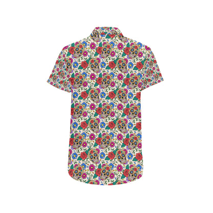 Sugar Skull Colorful Themed Print Men's Short Sleeve Button Up Shirt