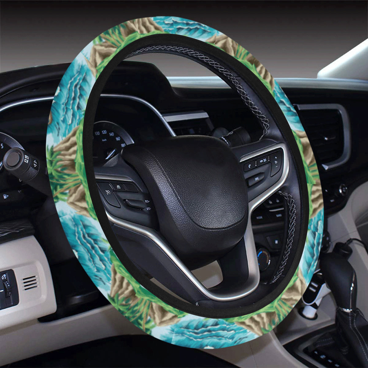 Palm Tree Hawaiian Themed Design Print Steering Wheel Cover with Elastic Edge