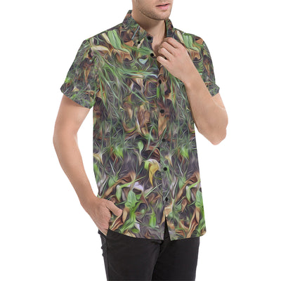 Camouflage Realistic Tree Print Men's Short Sleeve Button Up Shirt