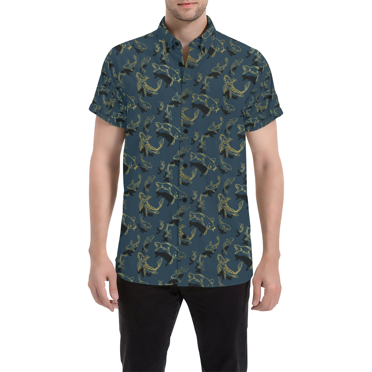 Koi Carp Gold Design Themed Print Men's Short Sleeve Button Up Shirt