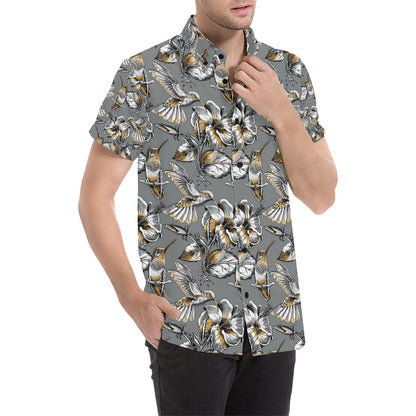 Hummingbird Pattern Print Design 02 Men's Short Sleeve Button Up Shirt