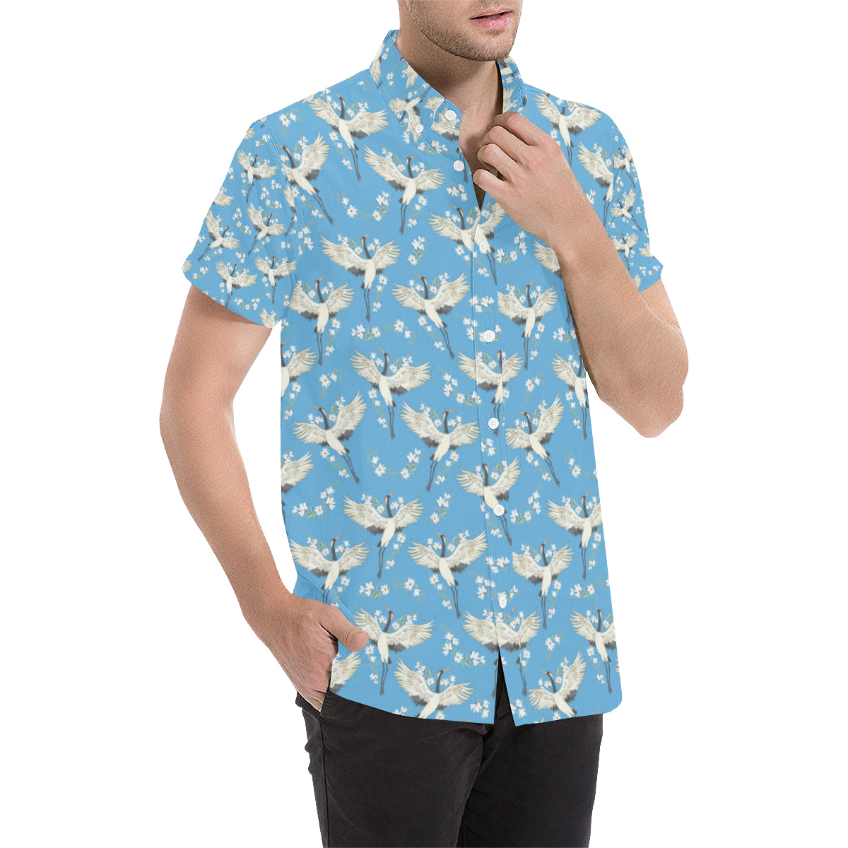Crane Pattern Print Design 03 Men's Short Sleeve Button Up Shirt