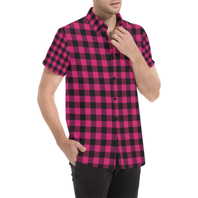 Pink Tartan Plaid Pattern Men's Short Sleeve Button Up Shirt