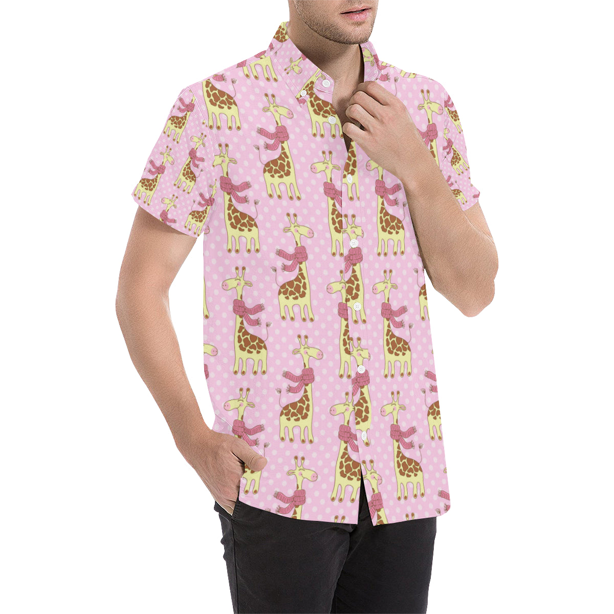 Giraffe Cute Pink Polka Dot Print Men's Short Sleeve Button Up Shirt