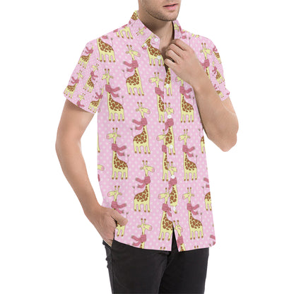 Giraffe Cute Pink Polka Dot Print Men's Short Sleeve Button Up Shirt