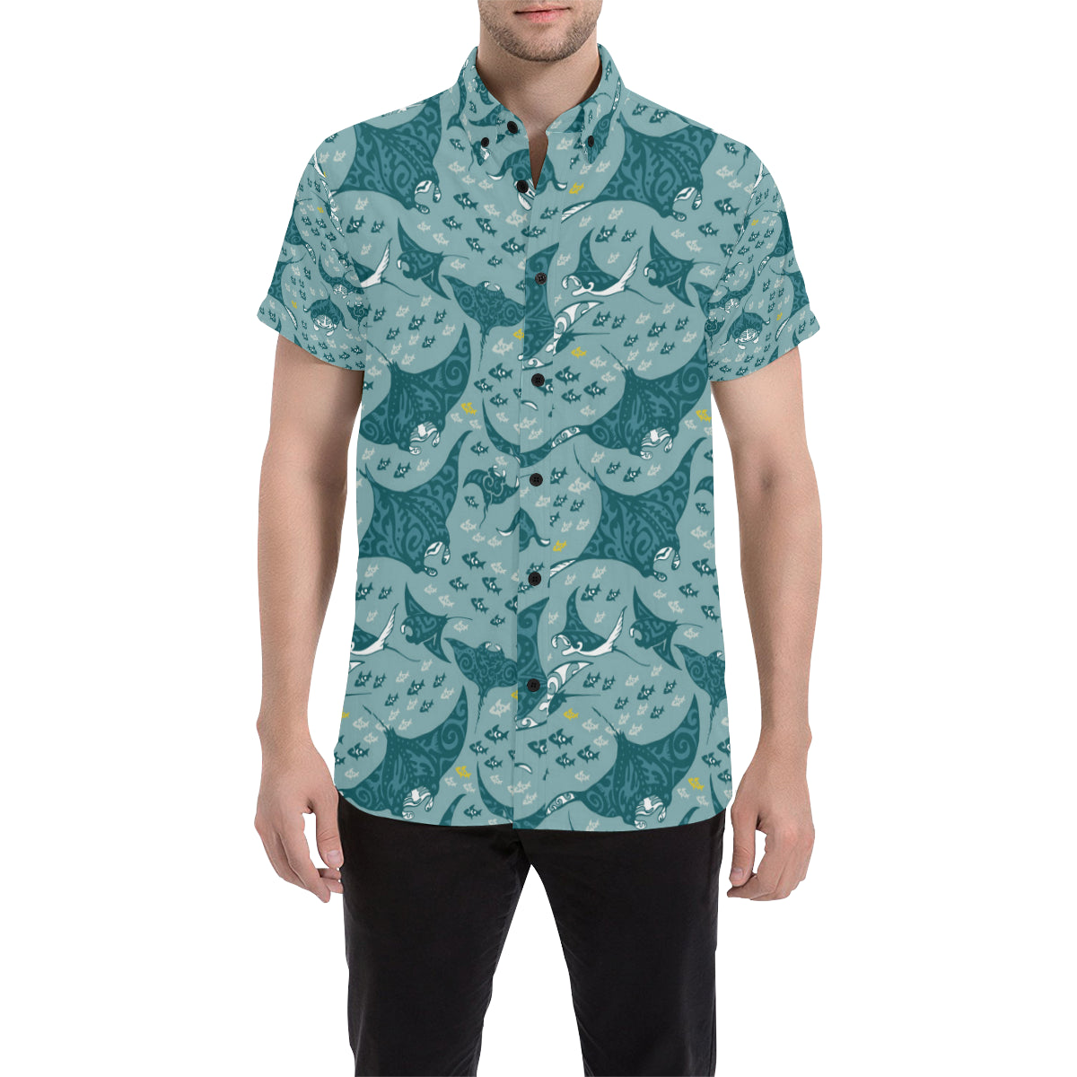 Manta Ray Tribal Pattern Print Design 03 Men's Short Sleeve Button Up Shirt