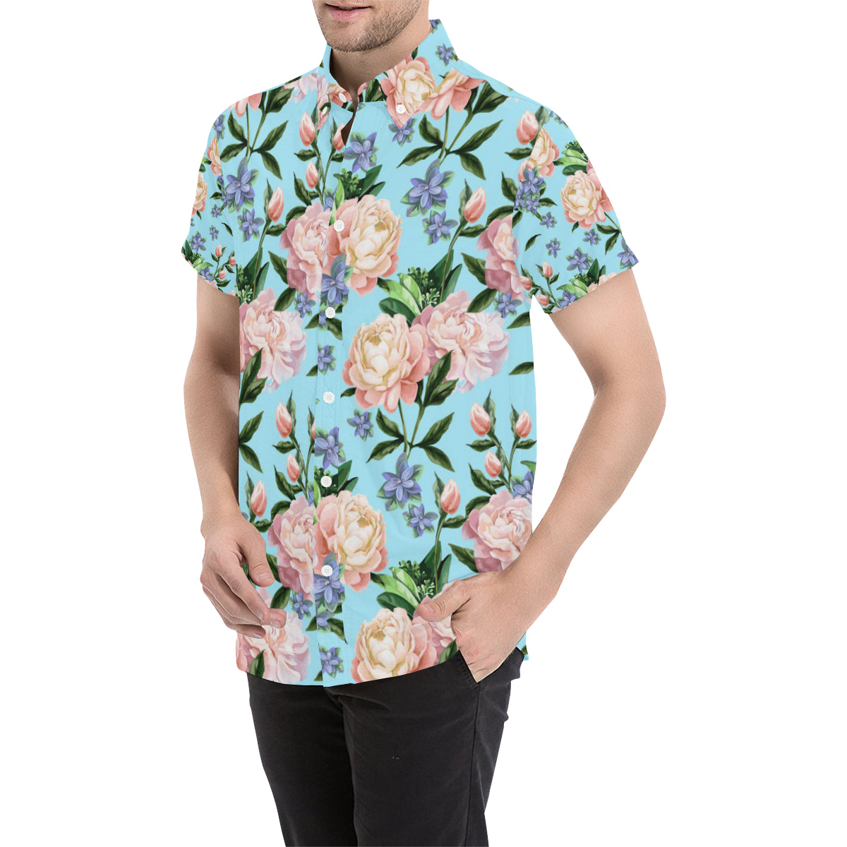 Peony Pattern Print Design PE02 Men's Short Sleeve Button Up Shirt