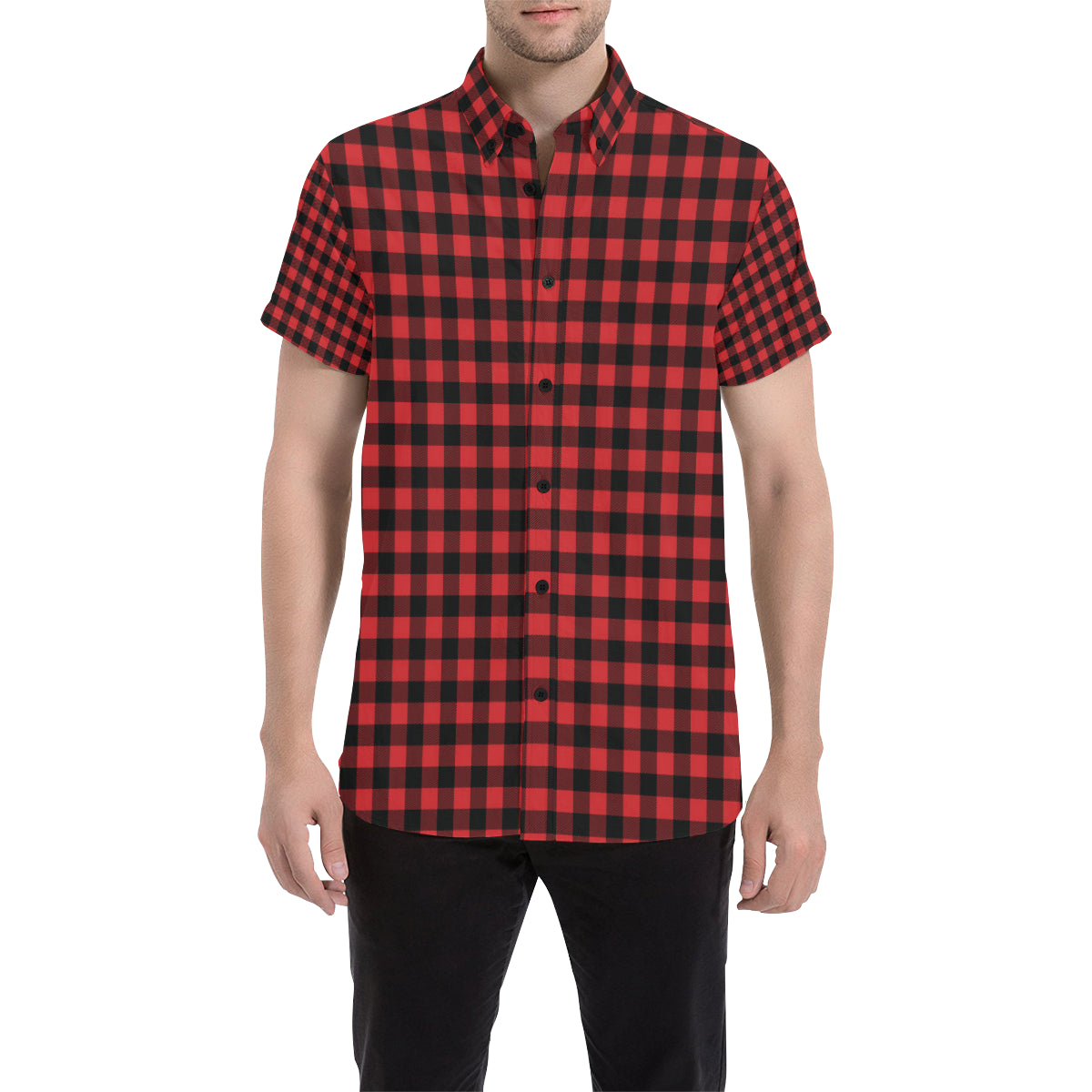 Red Black Buffalo Tartan Plaid Pattern Men's Short Sleeve Button Up Shirt