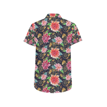 Dahlia Pattern Print Design DH02 Men's Short Sleeve Button Up Shirt