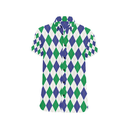 Argyle Green Blue Pattern Print Design 03 Men's Short Sleeve Button Up Shirt
