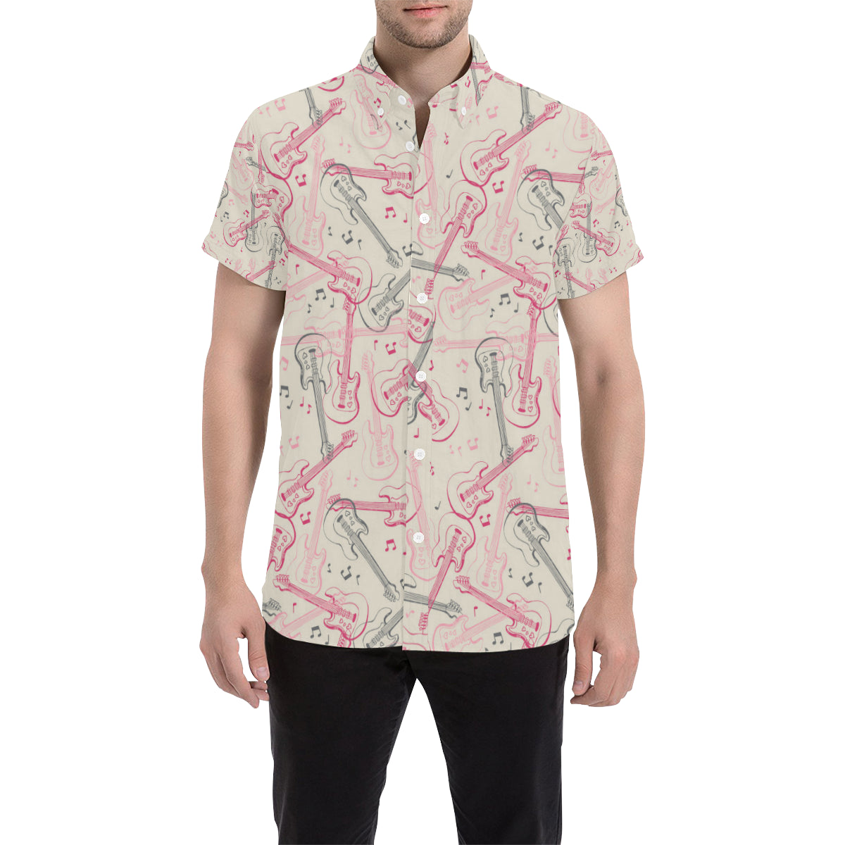 Bass Guitar Pattern Print Design 02 Men's Short Sleeve Button Up Shirt