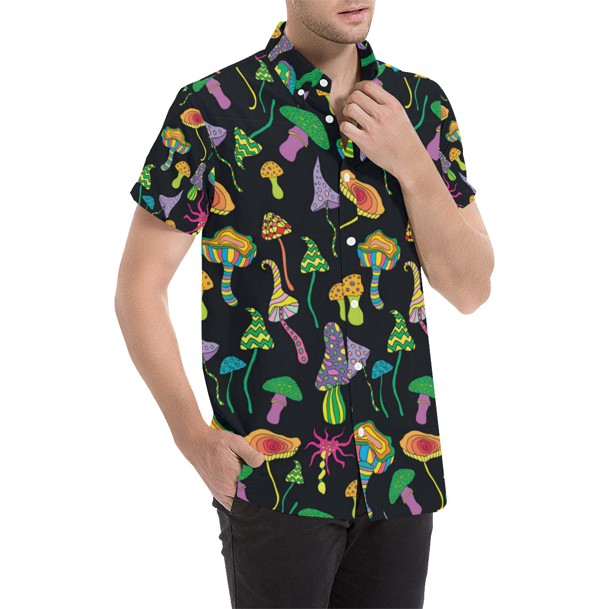 Psychedelic Mushroom Pattern Print Design A02 Men's Short Sleeve Button Up Shirt