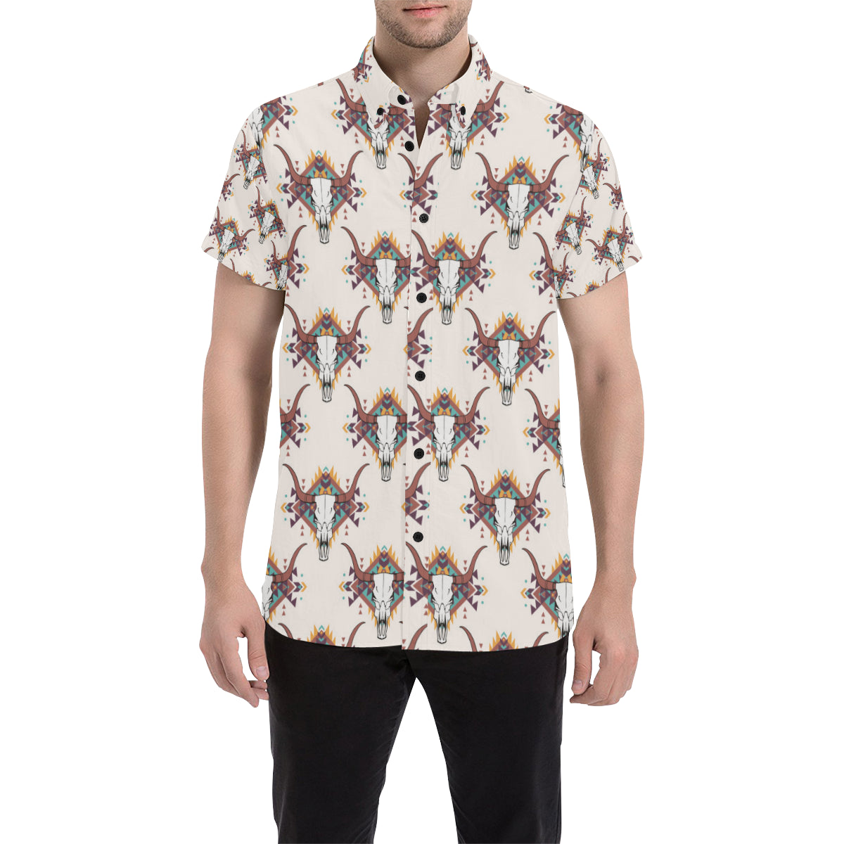 Buffalo Head Pattern Print Design 02 Men's Short Sleeve Button Up Shirt