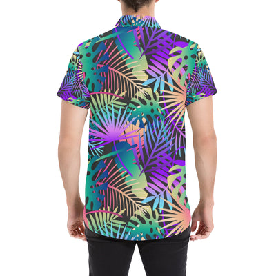 Neon Flower Tropical Palm Leaves Men's Short Sleeve Button Up Shirt