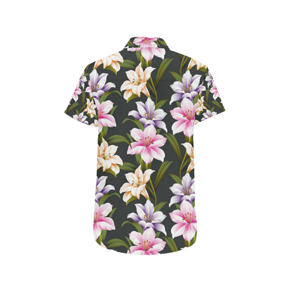 Lily Pattern Print Design LY01 Men's Short Sleeve Button Up Shirt