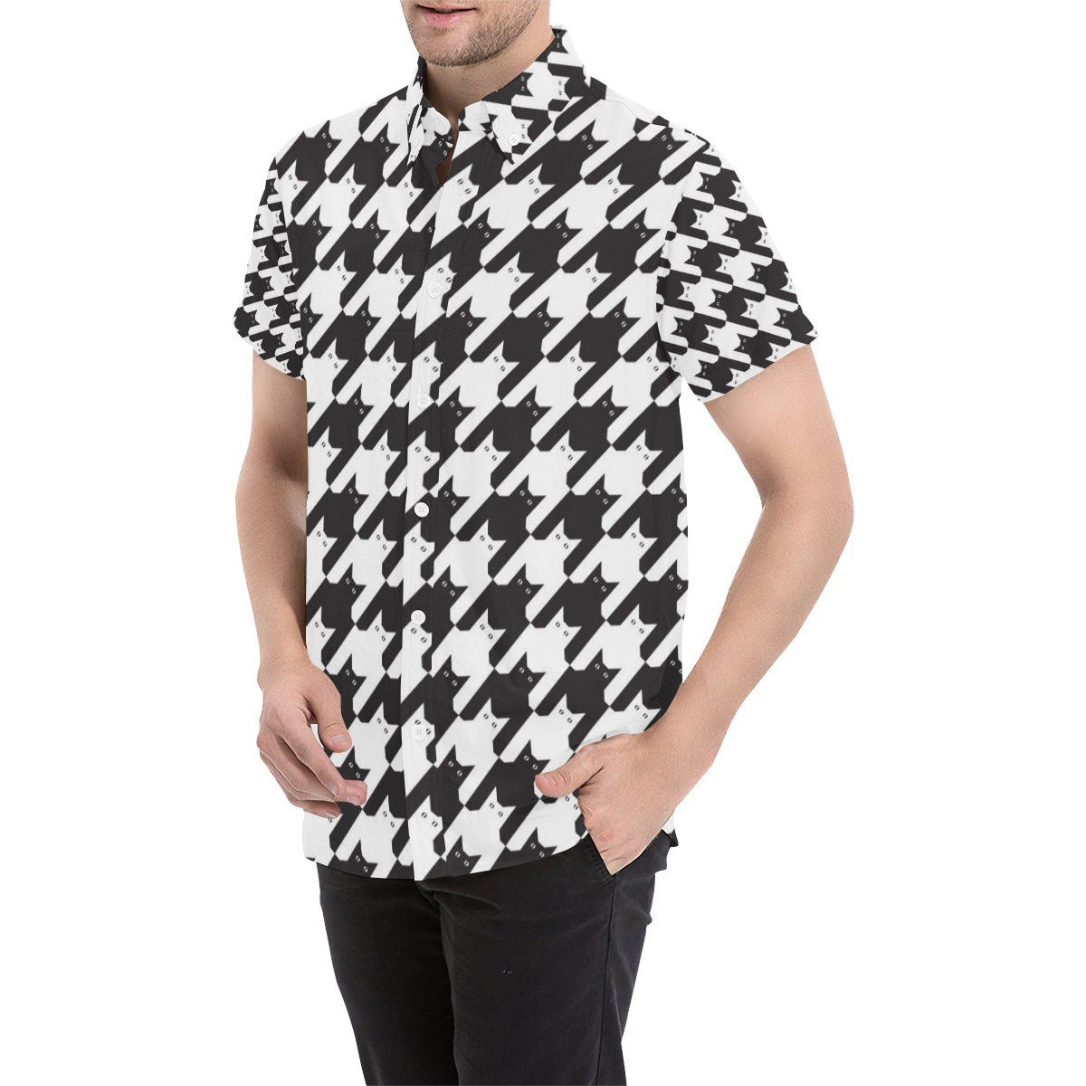 Cat HoundstoothPattern Print Design 01 Men's Short Sleeve Button Up Shirt