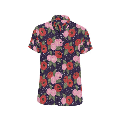 Camellia Pattern Print Design CM02 Men's Short Sleeve Button Up Shirt