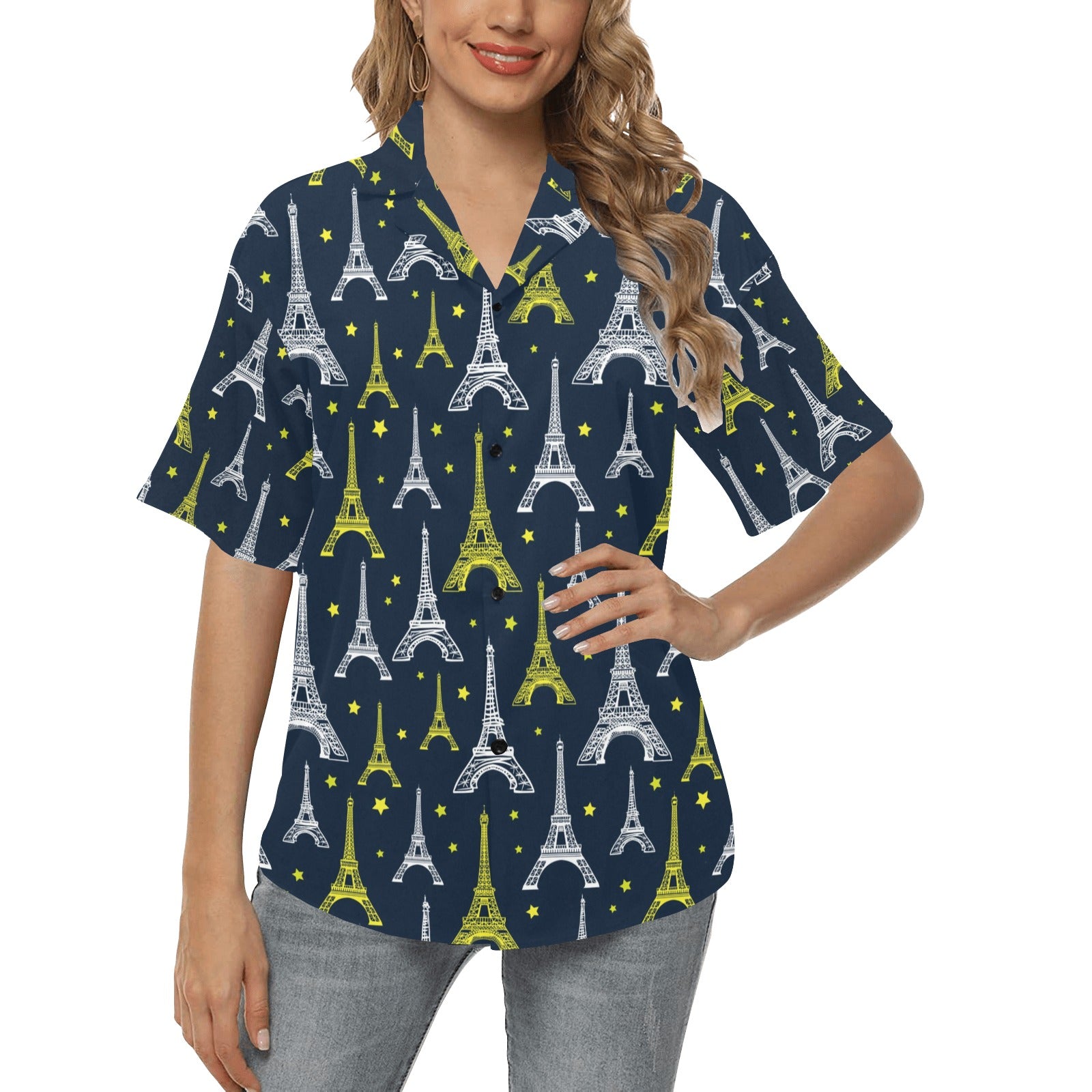 Eiffel Tower Star Print Women's Hawaiian Shirt
