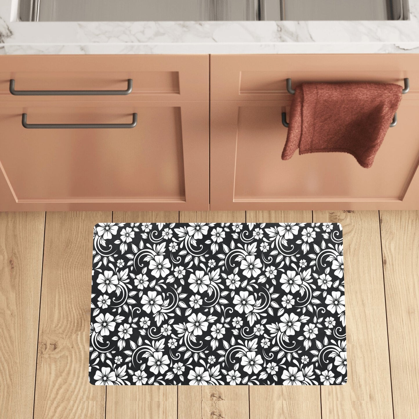 Floral Black White Themed Print Kitchen Mat