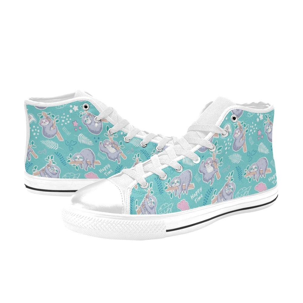 Sloth Print Design LKS309 High Top Women's White Shoes