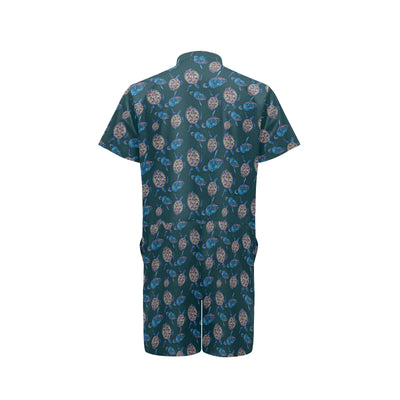 Sea Turtle Hand Drawn Blue Print Men's Romper