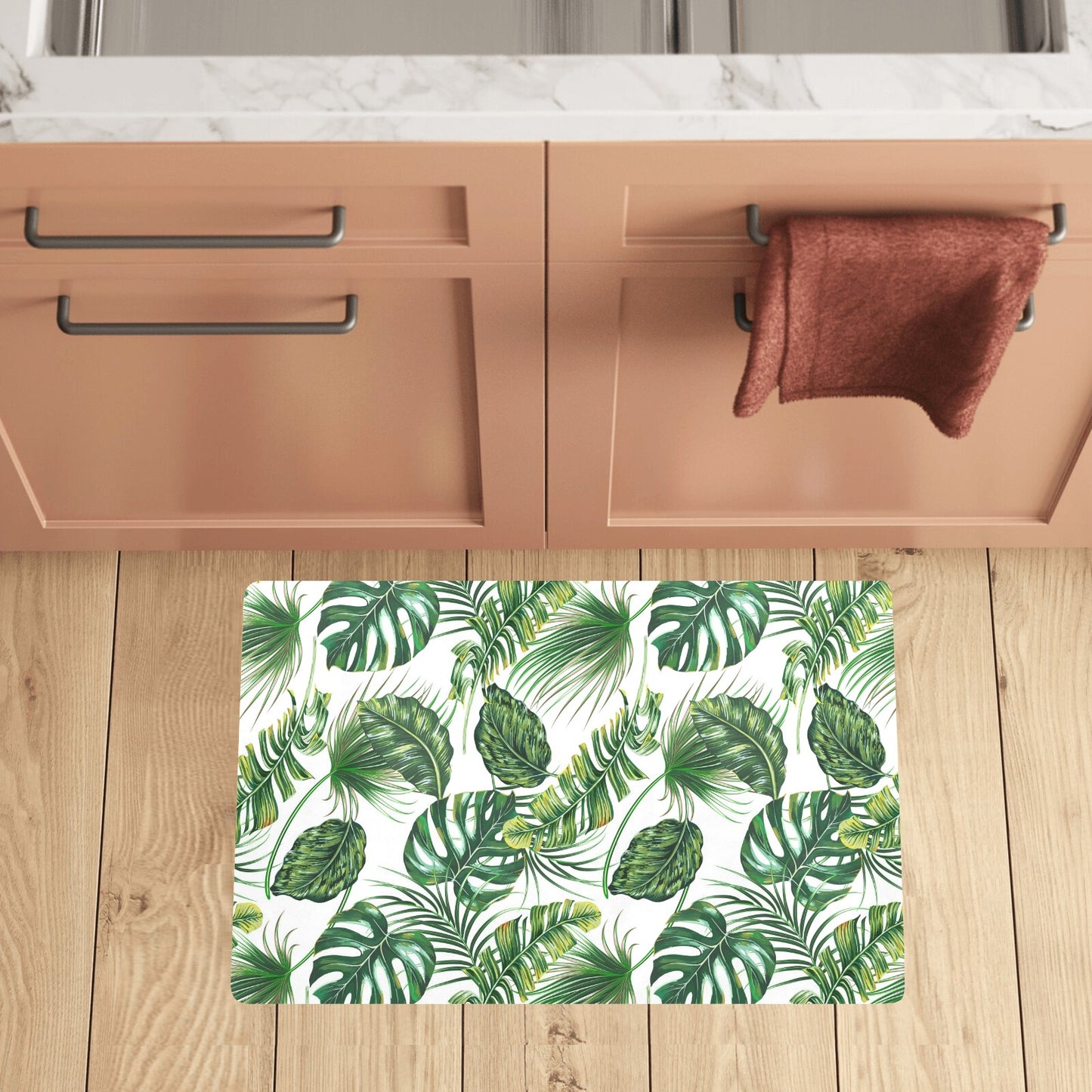 Green Pattern Tropical Palm Leaves Kitchen Mat