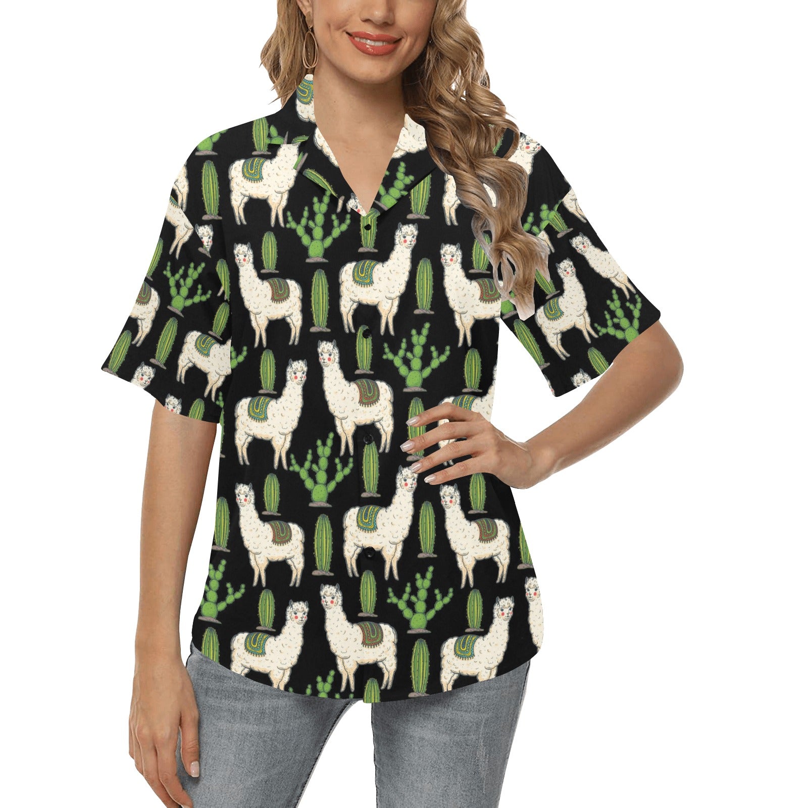 Llama Cactus Pattern Print Design 011 Women's Hawaiian Shirt