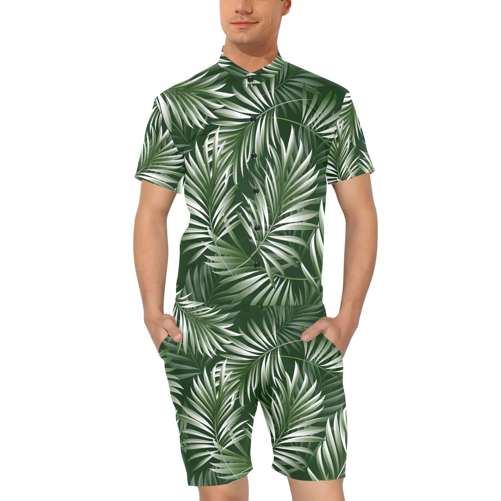 White Green Tropical Palm Leaves Men's Romper