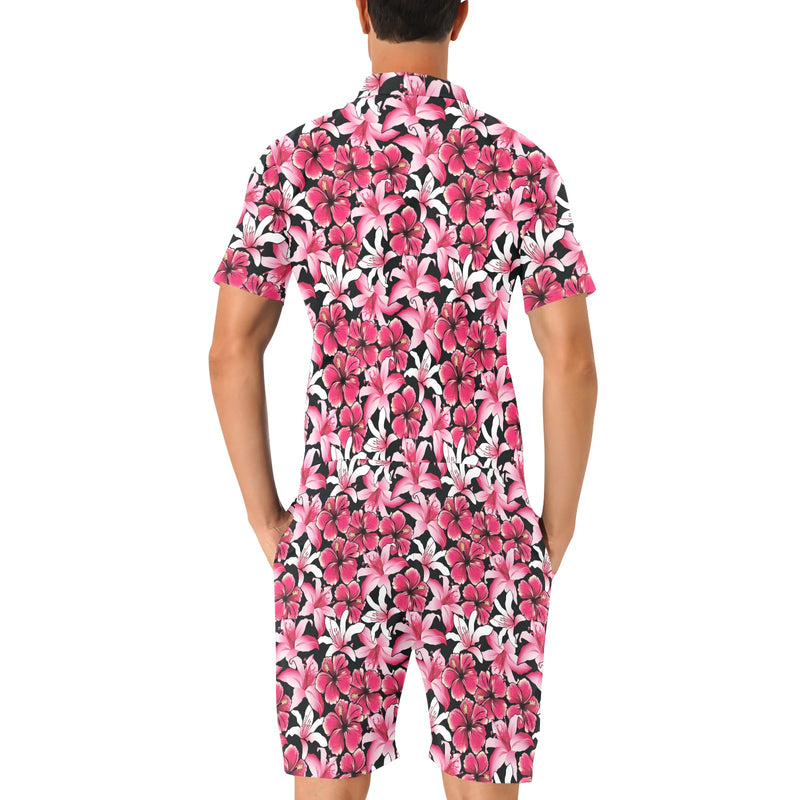 Flower Hawaiian Pink Red Hibiscus Print Men's Romper