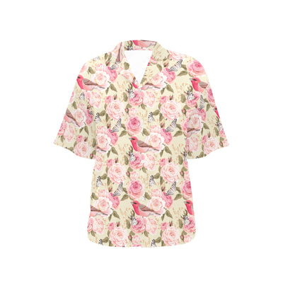 Bird Butterfly Pink Flower Print Pattern Women's Hawaiian Shirt