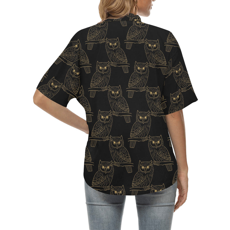 Gold Owl Pattern Women's Hawaiian Shirt