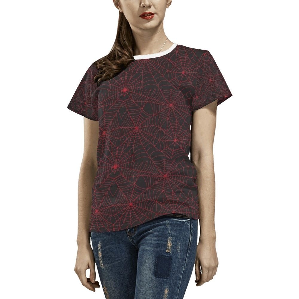 Spider Web Red Print Design LKS302 Women's  T-shirt