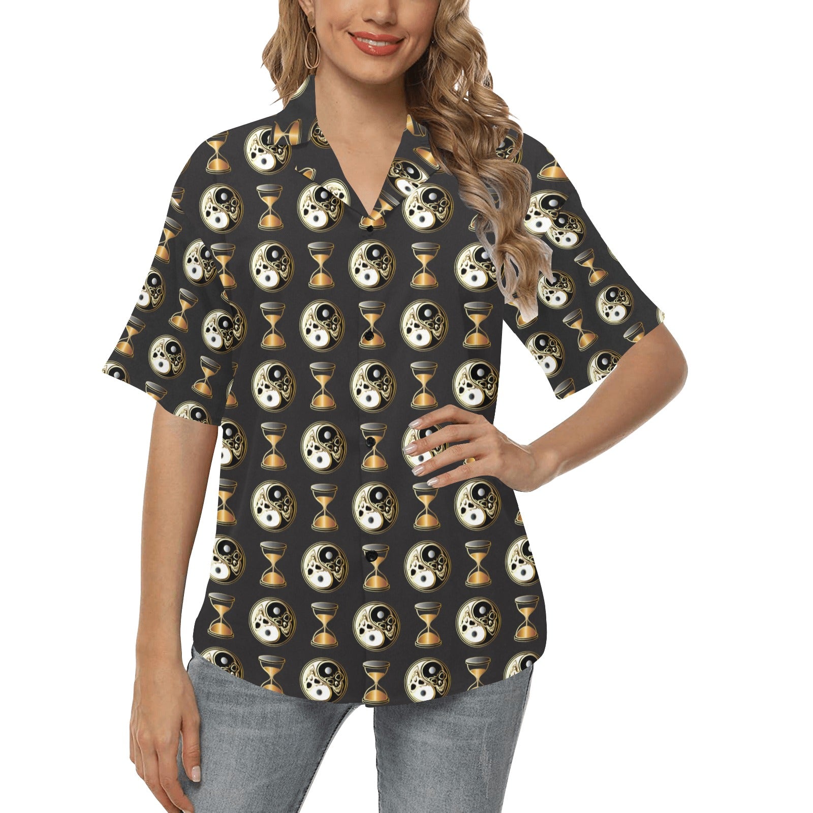 Yin Yang Skull Themed Design Print Women's Hawaiian Shirt