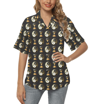 Yin Yang Skull Themed Design Print Women's Hawaiian Shirt