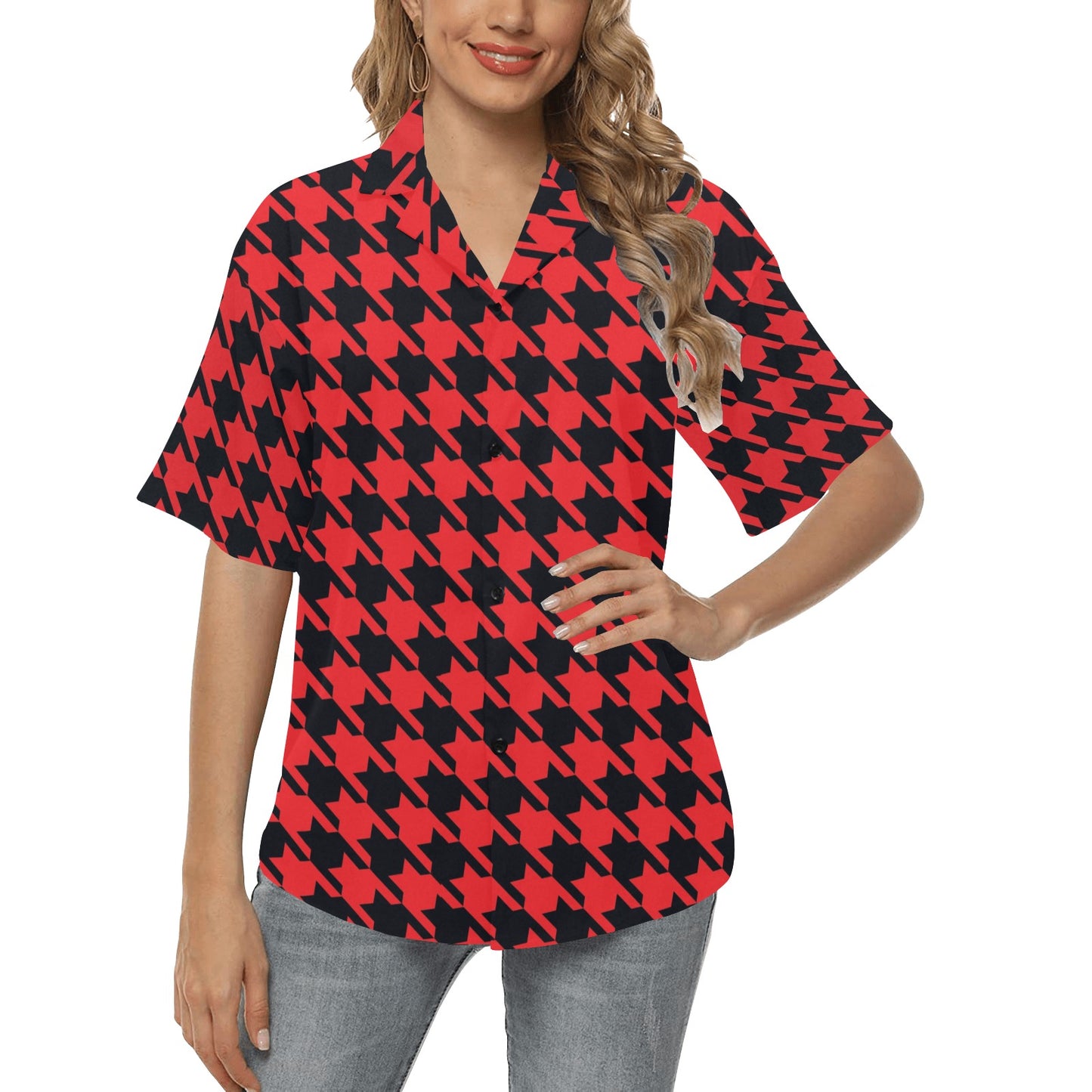 Houndstooth Red Pattern Print Design 03 Women's Hawaiian Shirt
