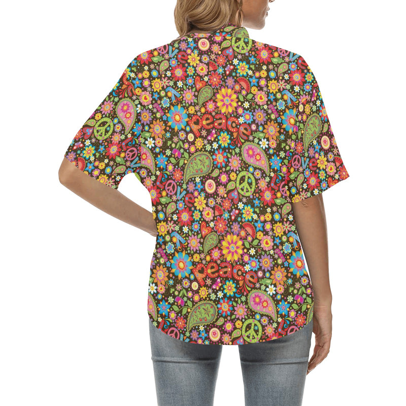 Flower Power Peace Paisley Themed Print Women's Hawaiian Shirt