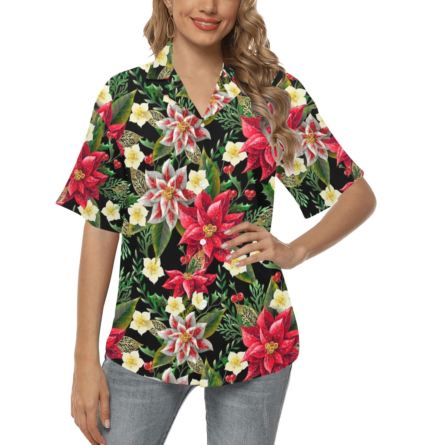 Poinsettia Pattern Print Design POT05 Women's Hawaiian Shirt